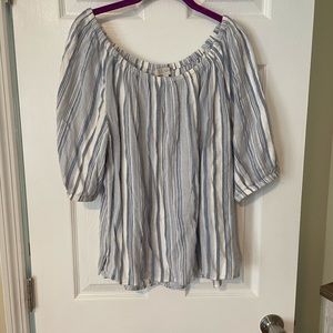 Off the shoulder blue send white top